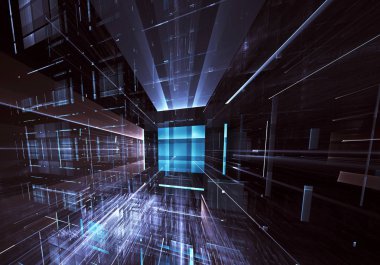 3d fraktal arka plan, 3d çizim. Sanal Neon şehir