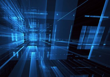 3d fraktal arka plan, 3d çizim. Sanal Neon şehir