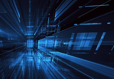 3d fraktal arka plan, 3d çizim. Sanal Neon şehir