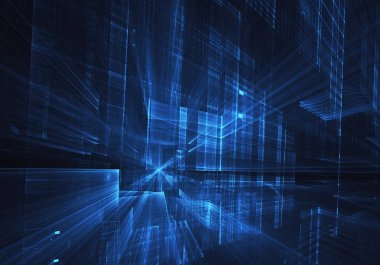 3d fraktal arka plan, 3d çizim. Sanal Neon şehir