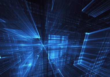 3d fraktal arka plan, 3d çizim. Sanal Neon şehir