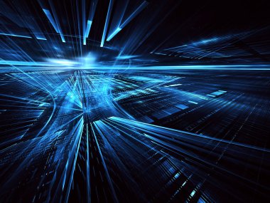 3d fraktal arka plan, 3d çizim. Sanal Neon şehir