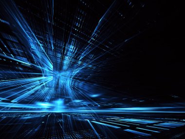 3d fraktal arka plan, 3d çizim. Sanal Neon şehir