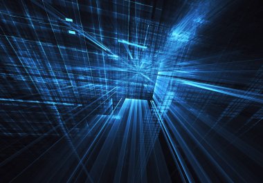 3d fraktal arka plan, 3d çizim. Sanal Neon şehir