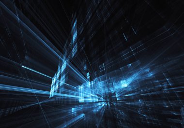 3d fraktal arka plan, 3d çizim. Sanal Neon şehir