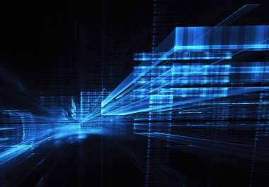 3d fraktal arka plan, 3d çizim. Sanal Neon şehir