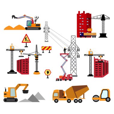 Konut konutlar inşaat süreci izole. Builder ev tuğla duvar oluşturur. Vektör Illustration