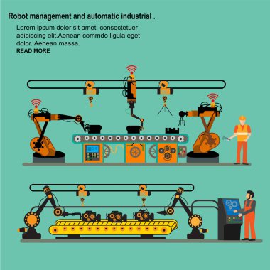 Hat konveyör üzerinde üretim süreci. Robotik montaj hattı arabası. Fabrika üretim süreci tasarım imalatı montaj vektör illüstrasyon