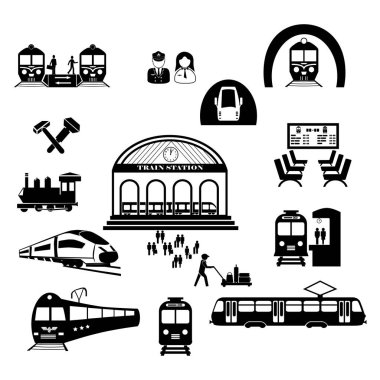 Tren İstasyonu vektörü. Tren, metro ve demiryolu taşıma simgesi seti