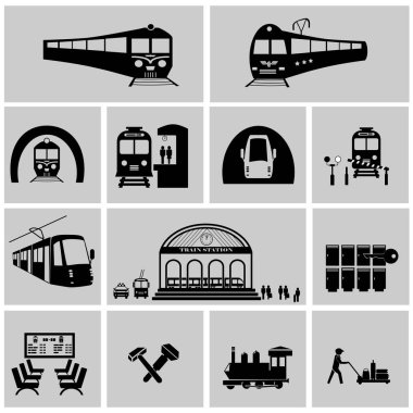 Tren İstasyonu vektörü. Tren, metro ve demiryolu taşıma simgesi seti