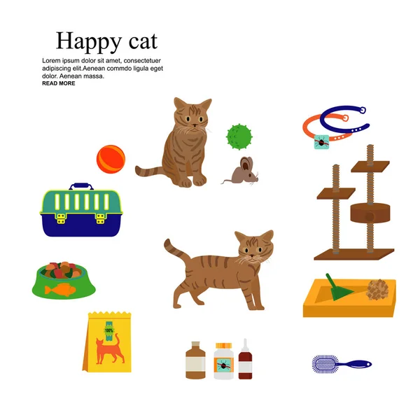 Cat Toys Collection Cat Stuff Cat Food Isolated White Background — стоковый вектор