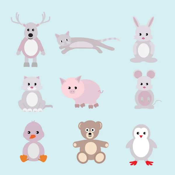 Cartoon cute animals for baby card and invitation. Vector illustration. Bear, deer, cat, penguin, mouse, hare, pig.