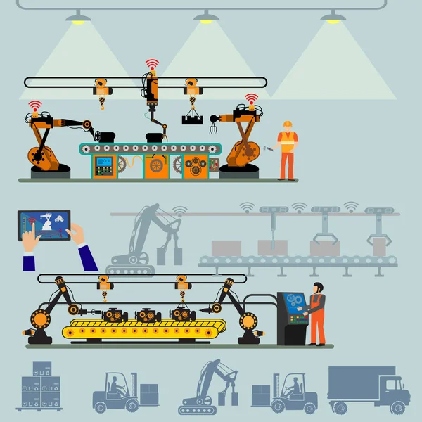 自动化工业与智能技术 设置生产和运输互联网的东西的概念和平板电脑与人机界面 — 图库矢量图片