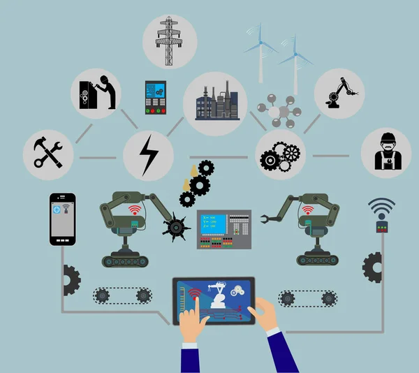 人間の機械インターフェースと物事の概念とタブレットの生産と輸送のインターネットを設定するために スマート技術と自動化産業 — ストックベクタ