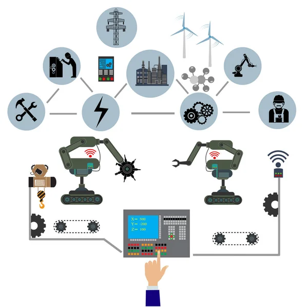 Automatización Industrial Con Tecnología Inteligente Para Configurar Producción Transporte Internet — Vector de stock