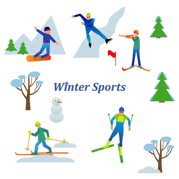 Reihe Von Wintersportaktivitäten Vektor Illustration Isoliert Auf Weiß — Stockvektor