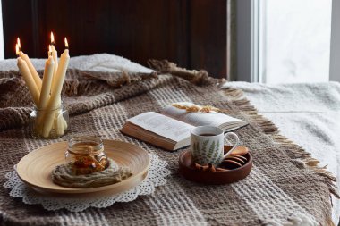 Rahat ev natürmort: çay fincan ve sıcak ekose ile kitap açıldı. Kış tatilleri, Noel zamanı konsepti