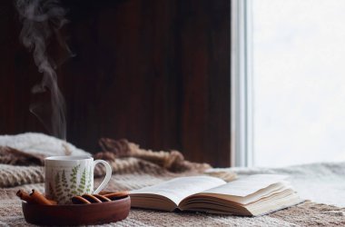 Oturma odasının ev içi. Yünlü battaniye ve buharlı bir fincan çay. Sabah güneşinde kanepede kahvaltı. Rahat sonbahar veya kış konsepti. Hyugge konfor