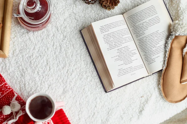 Cozy Home Still Life Cup Tea Opened Book Warm Plaid — Stock Photo, Image