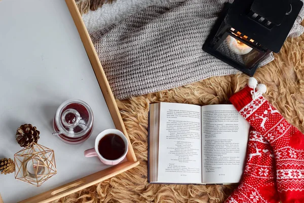 Cozy Home Still Life Cup Tea Opened Book Warm Plaid — Stock Photo, Image