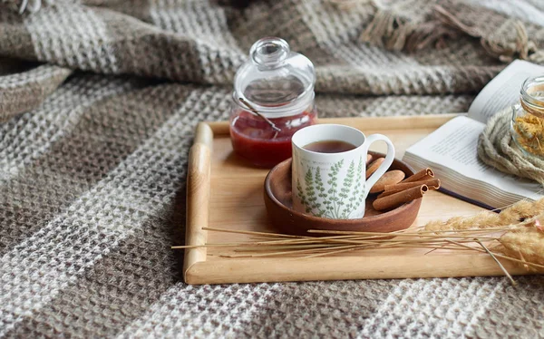 居心地の良い家の静物 お茶のカップと暖かい格子で本を開きました 冬休み クリスマスタイムのコンセプト — ストック写真