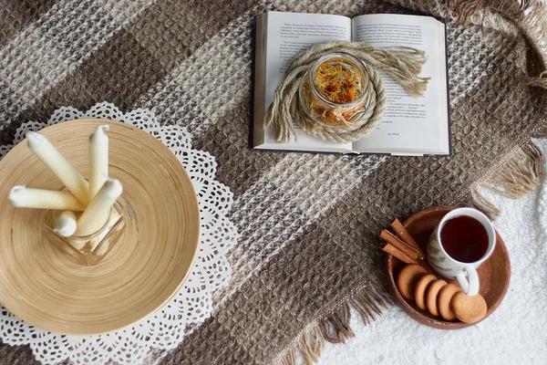 Cozy Home Still Life Cup Tea Opened Book Warm Plaid — Stock Photo, Image