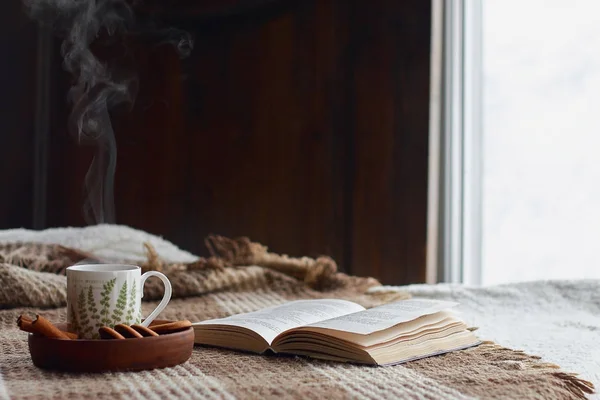 Home Interior Living Room Woolen Blanket Cup Tea Steam Breakfast — Stock Photo, Image