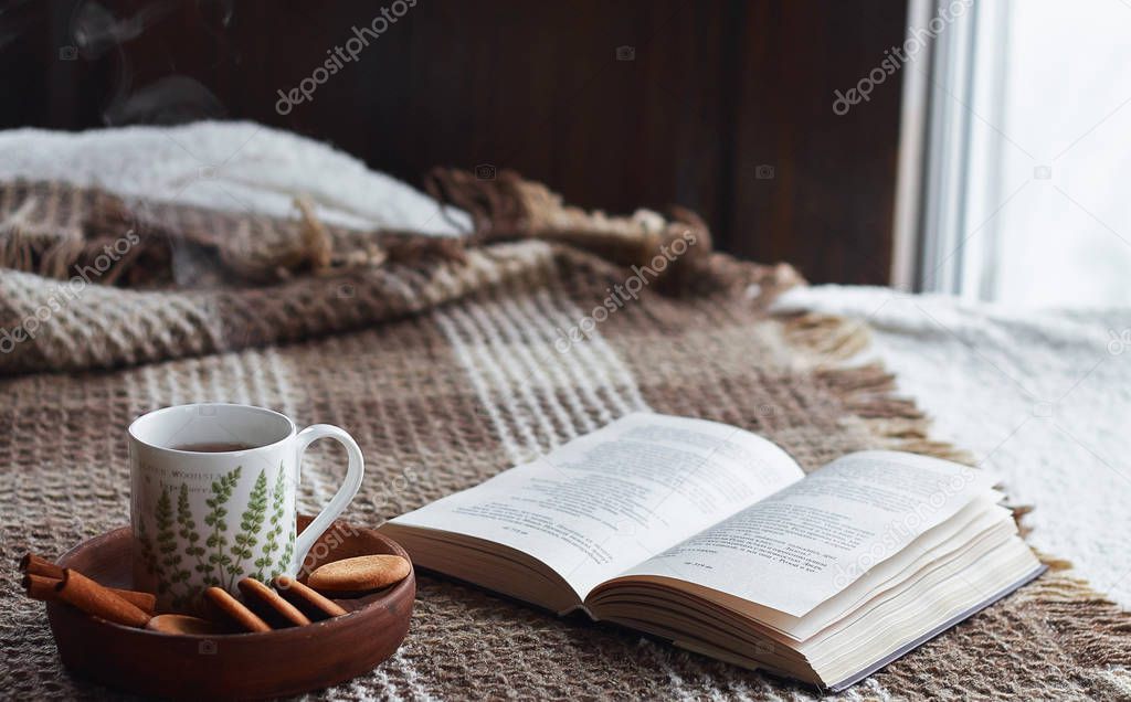 Home interior of living room. Woolen blanket and a cup of tea with steam. Breakfast on the couch in the morning sun. Cozy autumn or winter concept. Hyugge comfort
