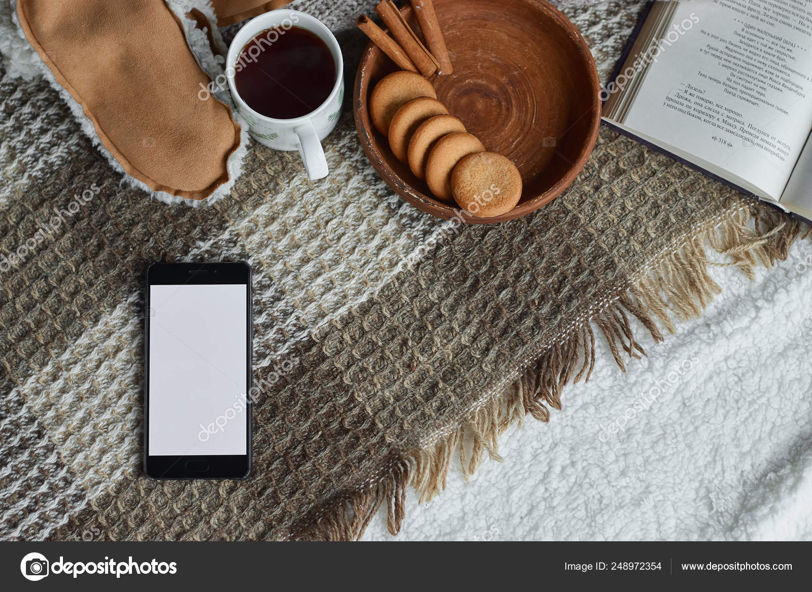 Cozy Home Still Life Cup Tea Opened Book Warm Plaid Stock Photo By.