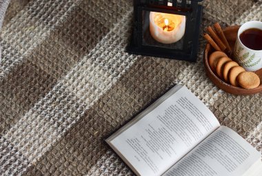 Oturma odasının ev içi. Yünlü battaniye ve buharlı bir fincan çay. Sabah güneşinde kanepede kahvaltı. Rahat sonbahar veya kış konsepti. Hyugge konfor