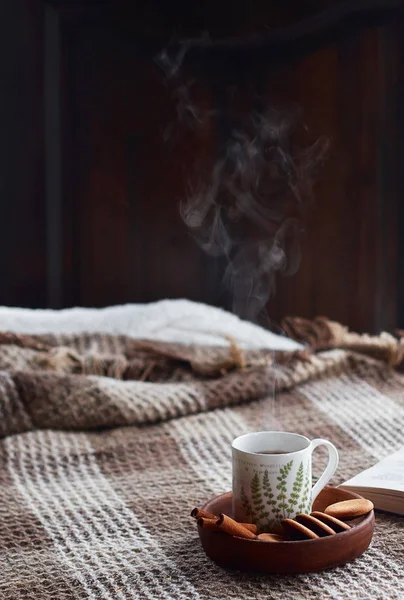 Inicio Interior Del Salón Manta Lana Una Taza Con Vapor — Foto de Stock