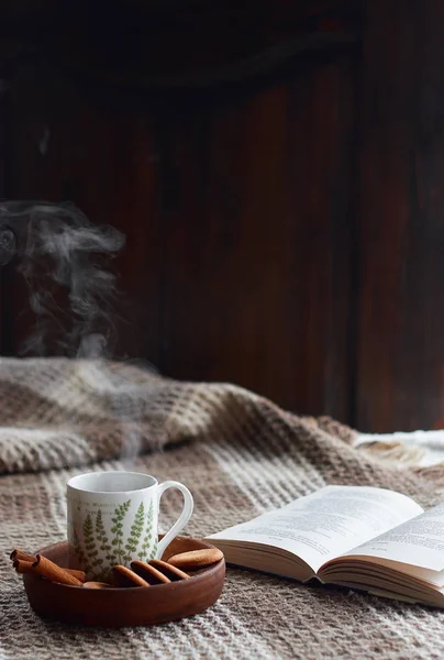 Inicio Interior Del Salón Manta Lana Una Taza Con Vapor — Foto de Stock