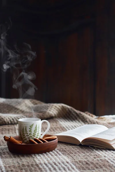 Inicio Interior Del Salón Manta Lana Una Taza Con Vapor — Foto de Stock