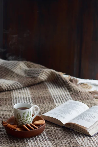 Inicio Interior Del Salón Manta Lana Una Taza Con Vapor — Foto de Stock