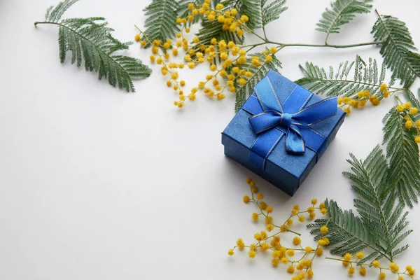 Niebieskie Pudełko Mimosa Żółty Kwiaty Białym Tle Tło Wiosna Miejsca — Zdjęcie stockowe
