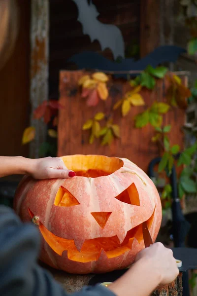 Young Fair Skinned Girl Red Nails Carving Face Pumpkin Creating — Stock Photo, Image