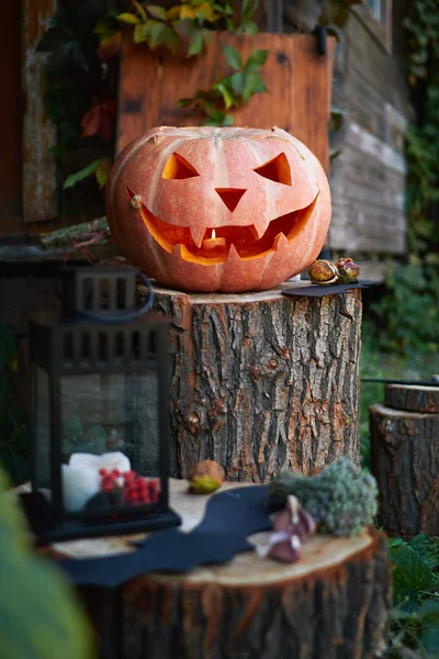 Halloween Pumpkin Head Lantern Eyes Face Stump Rustic Setting Background — Stock Photo, Image