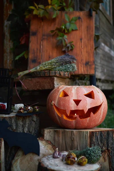 Halloween Sütőtök Fej Lámpás Szemmel Egy Arc Egy Stump Rusztikus — Stock Fotó