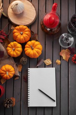 Liste yapmayı planlıyorum. Tahta bir masada, balkabağı, rowan ve yapraklarla sonbahar havası kompozisyonu. Kırmızı fincanda açık not defteri ve koyu kahve ve gri ahşap arka planda, sıcak içecek.