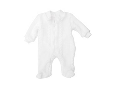 Beyaz izole bir arka planda yeni doğmuş bir bebek için örülmüş tulum.