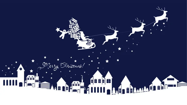 圣诞老人的剪影在充满礼物和他的驯鹿的雪橇上 新年装饰快乐 圣诞快乐 新年庆祝活动 在平的样式的向量例证 — 图库矢量图片