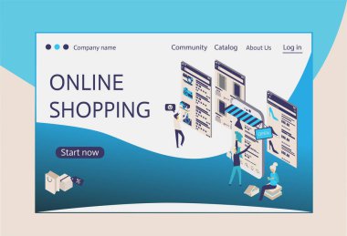 Online Alışveriş 'in iniş sayfası şablonu. Web sitesi ve mobil web sitesi için modern düz tasarım konsepti. Düzenlemek ve kişiselleştirmek kolay. Vektör illüstrasyonu