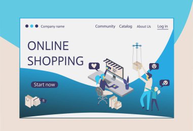 Online Alışveriş 'in iniş sayfası şablonu. Web sitesi ve mobil web sitesi için modern düz tasarım konsepti. Düzenlemek ve kişiselleştirmek kolay. Vektör illüstrasyonu