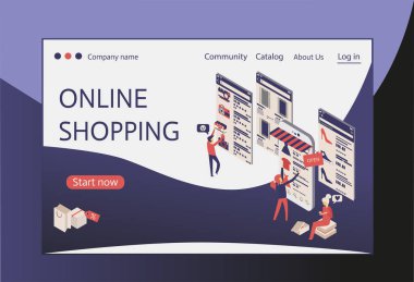 Online Alışveriş 'in iniş sayfası şablonu. Web sitesi ve mobil web sitesi için modern düz tasarım konsepti. Düzenlemek ve kişiselleştirmek kolay. Vektör illüstrasyonu