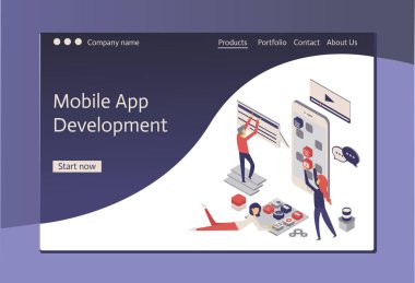 Modern düz tasarım izometrik kavramı uygulama geliştirme web sitesi ve mobil web sitesi için. Açılış sayfası şablonu. İletişim ve teknoloji fikir. Düzenlemek ve özelleştirmek kolay. Vektör çizim