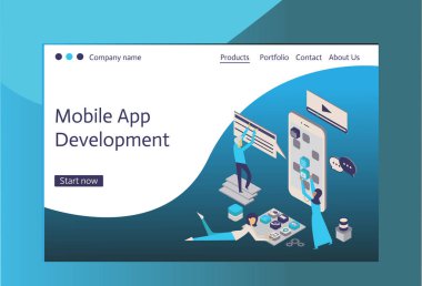 Modern düz tasarım izometrik kavramı uygulama geliştirme web sitesi ve mobil web sitesi için. Açılış sayfası şablonu. İletişim ve teknoloji fikir. Düzenlemek ve özelleştirmek kolay. Vektör çizim