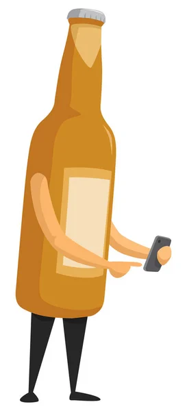 Καρτούν Εικονογράφηση Μπουκάλι Μπύρας Χρησιμοποιώντας Ένα Κινητό Τηλέφωνο — Διανυσματικό Αρχείο