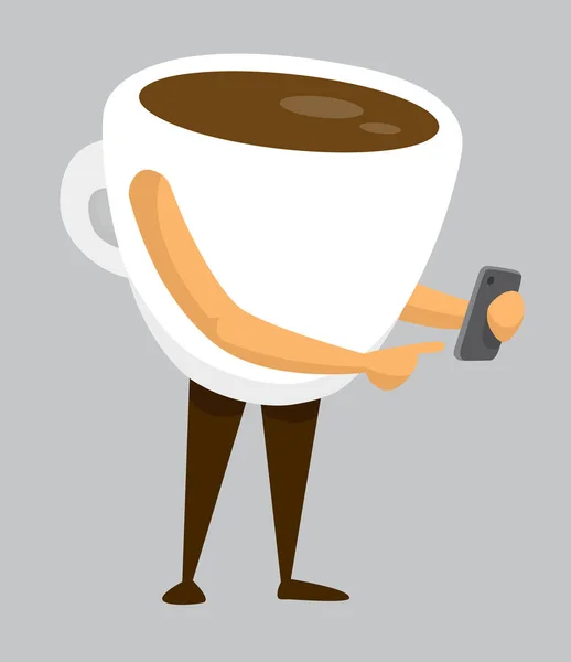 Cartoon Illustration Hot Coffee Using Mobile Phone — Stock Vector