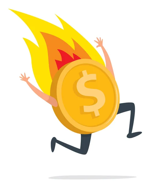 Cartoon Illustration Goldem Coin Fire Running Desperately — Stock Vector