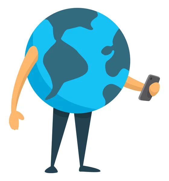 Cartoon Illustration Planet Earth Using Mobile Phone — Stock Vector